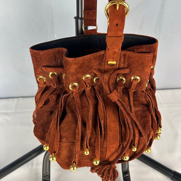 Sepcoeur Paris Brown Suede Leather Bucket Handbag Boho Bell Fringe Vintage - Picture 1 of 7